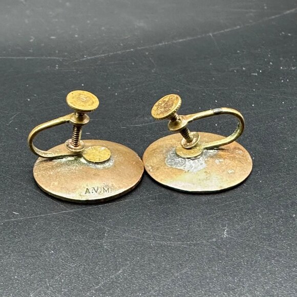 Vintage Screw Back Earrings Blue White Enamel On Copper Round AVM Celestial - Picture 5 of 9